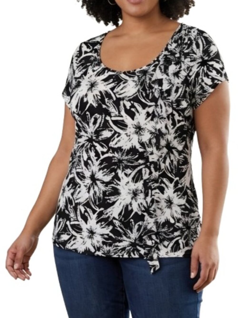 Madison Plus Abstract Floral Print Blouse Black White Applique Accent Mesh
